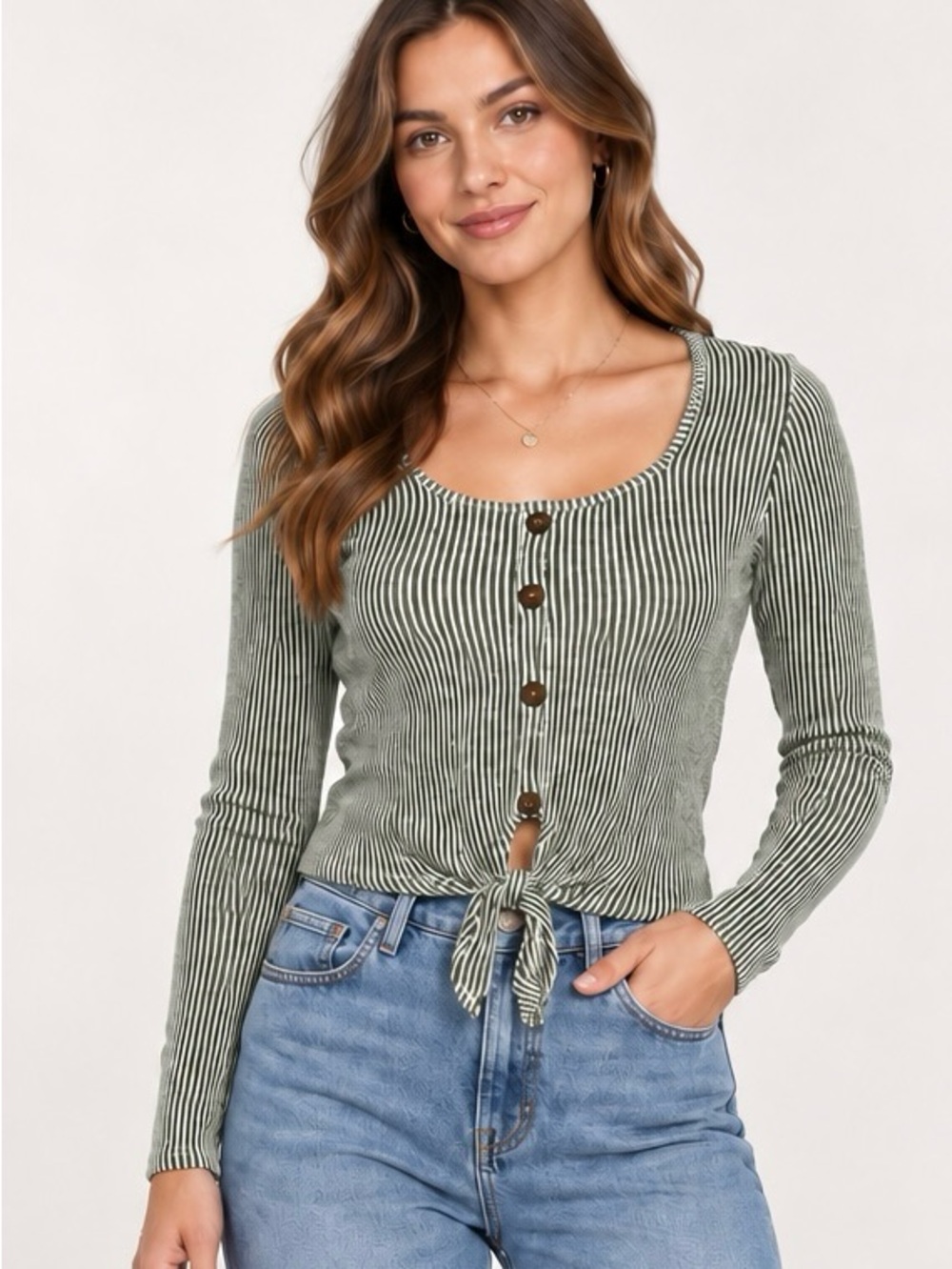 Striped Tie-Front Long Sleeve Top in Olive Green S/M